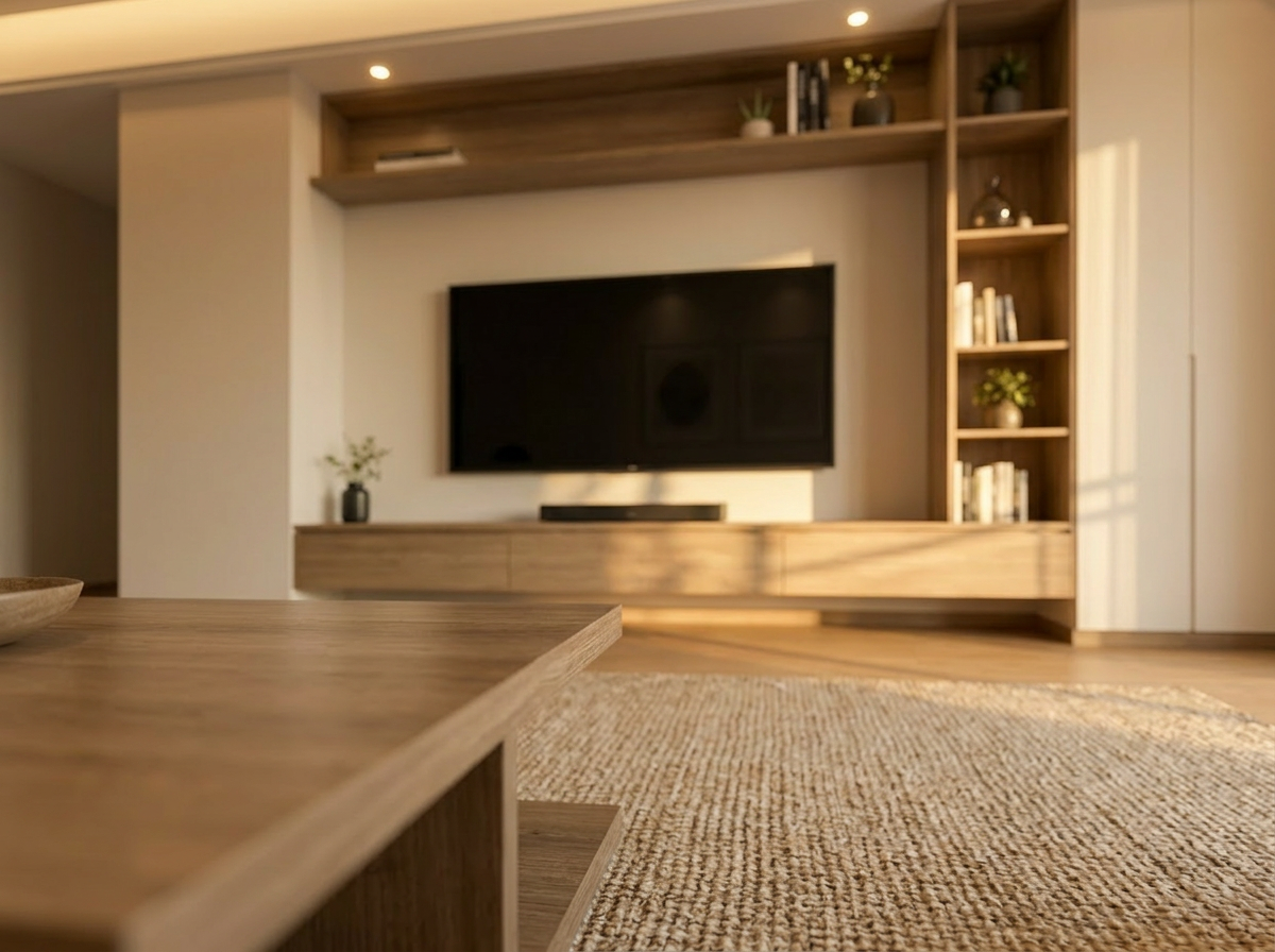Mesa de centro em primeiro plano, painel ao fundo